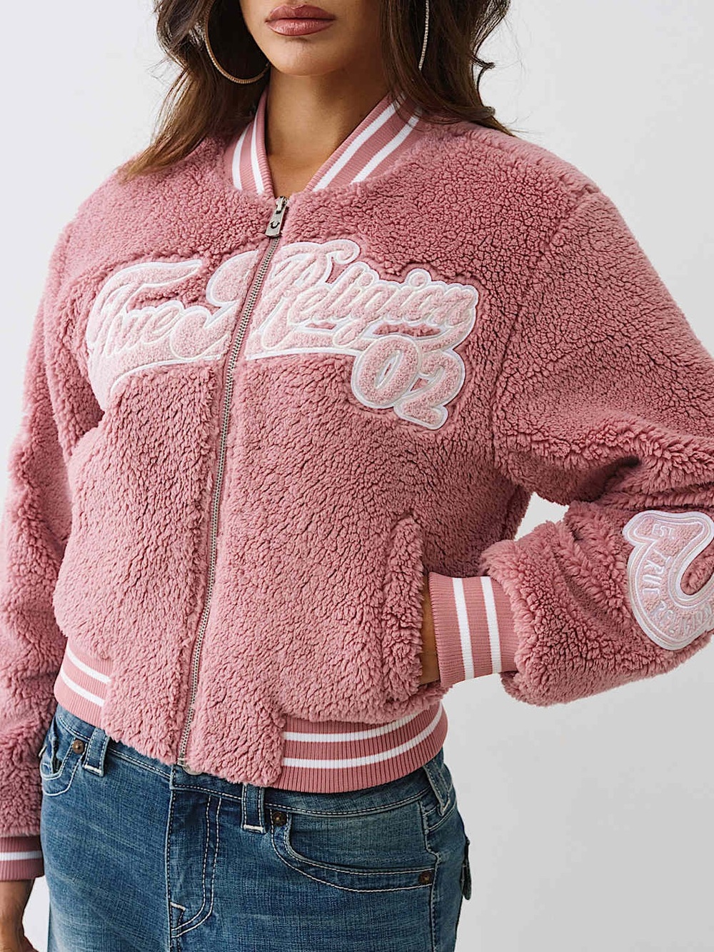 True Religion Pink Varsity Chenille Bomber Jacket Women’s XS